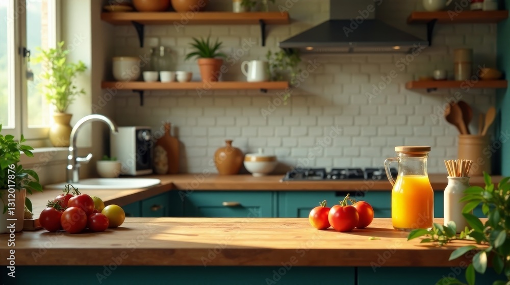 Sunlit Kitchen Countertop with Fresh Produce and Juice Sunlit Kitchen Countertop with Fresh Produce and Juice