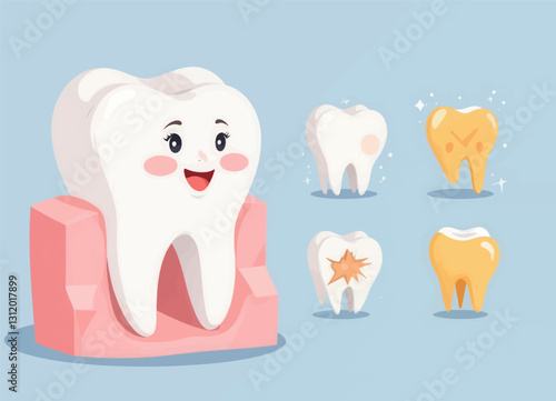 Happy healthy tooth alongside damaged teeth on light blue
