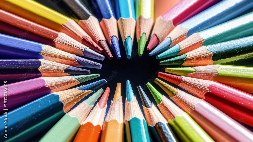 Colorful pencils arranged in a circle, close-up view, dark background, for education Colorful pencils arranged in a circle, close-up view, dark background, for education
