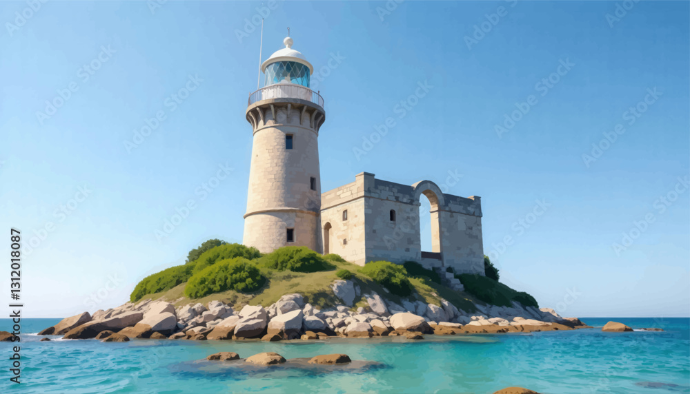 Historic stone lighthouse with ruins on island, turquoise water Historic stone lighthouse with ruins on island, turquoise water