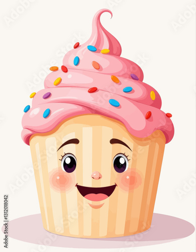 Happy cupcake with pink frosting and colorful sprinkles

