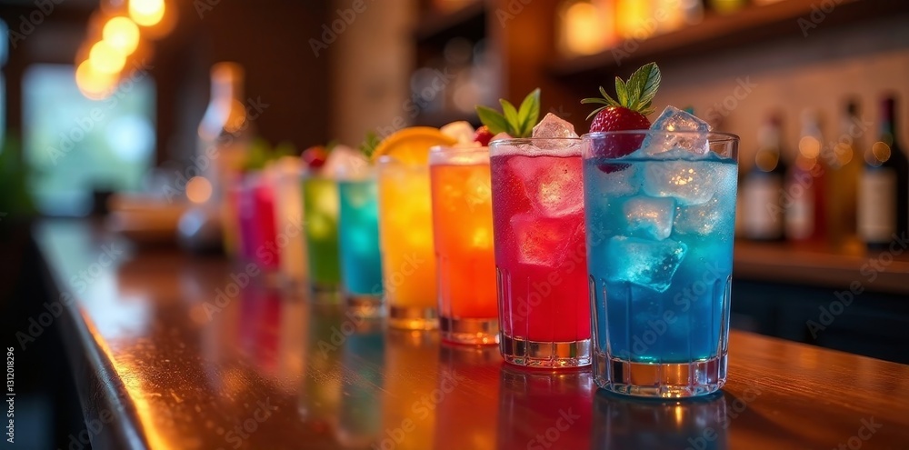 A vibrant row of colorful cocktails, garnished with fresh fruit and ice, sits on a polished wooden bar top in a dimly lit lounge, creating a sophisticated and inviting atmosphere. A vibrant row of colorful cocktails, garnished with fresh fruit and ice, sits on a polished wooden bar top in a dimly lit lounge, creating a sophisticated and inviting atmosphere.