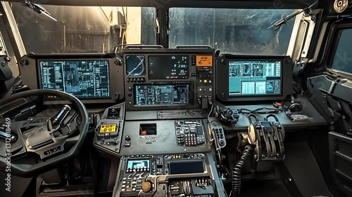 Advanced Military Vehicle Cockpit: High-Tech Dashboard and Controls
