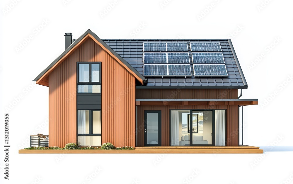 Single Scandinavian-style house with solar panels and a modern glass entrance, isolated on a white background Single Scandinavian-style house with solar panels and a modern glass entrance, isolated on a white background
