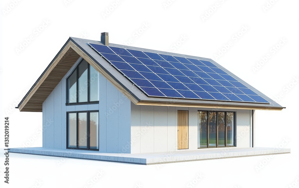 Single Scandinavian-style house with solar panels and a light gray concrete exterior, isolated on a white background Single Scandinavian-style house with solar panels and a light gray concrete exterior, isolated on a white background