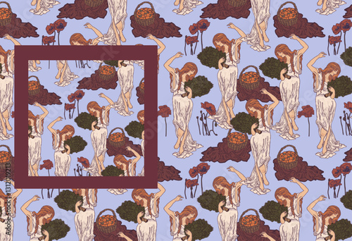 Blue antique retro wallpaper. Seamless folk pattern illustration. Ancient goddess of purity and bathing with a broom in a white toga on a background of flowers and fruits