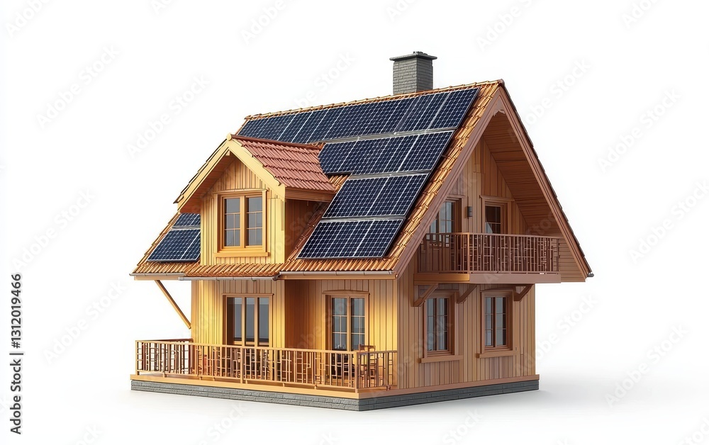 Single Scandinavian-style house with solar panels and a small balcony, isolated on a white background Single Scandinavian-style house with solar panels and a small balcony, isolated on a white background