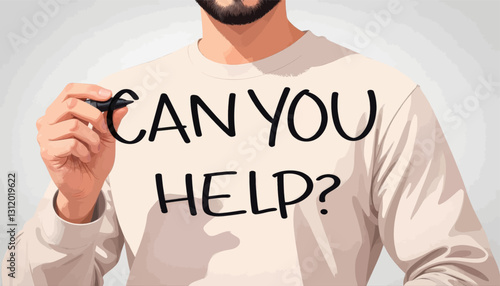 Man writes "Can You Help?" on glass with marker