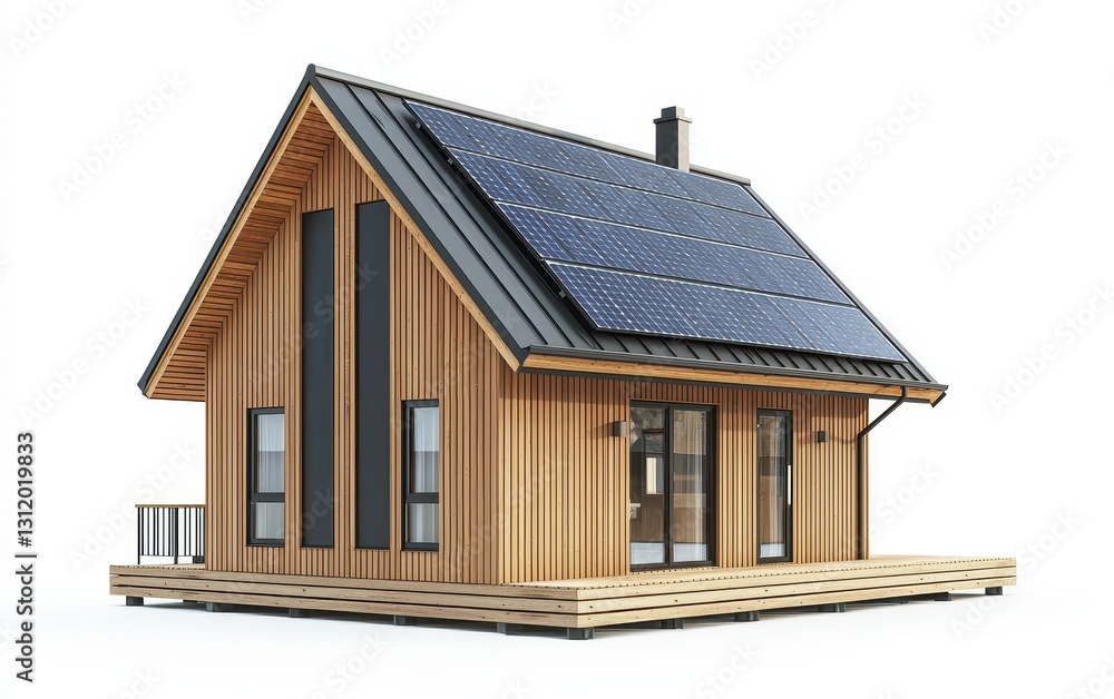 Single Scandinavian-style house with solar panels and a wooden facade, isolated on a white background Single Scandinavian-style house with solar panels and a wooden facade, isolated on a white background