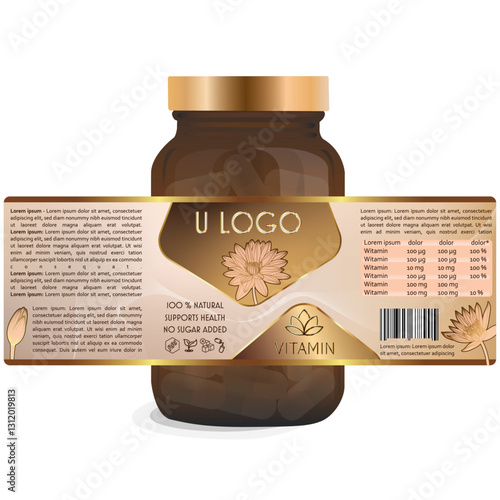 Vector drawing of a dietary supplement bottle and label template vitamin and flower