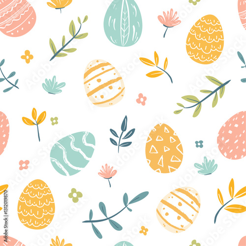 Easter seamless pattern with easter eggs, flowers and leaves on white background 