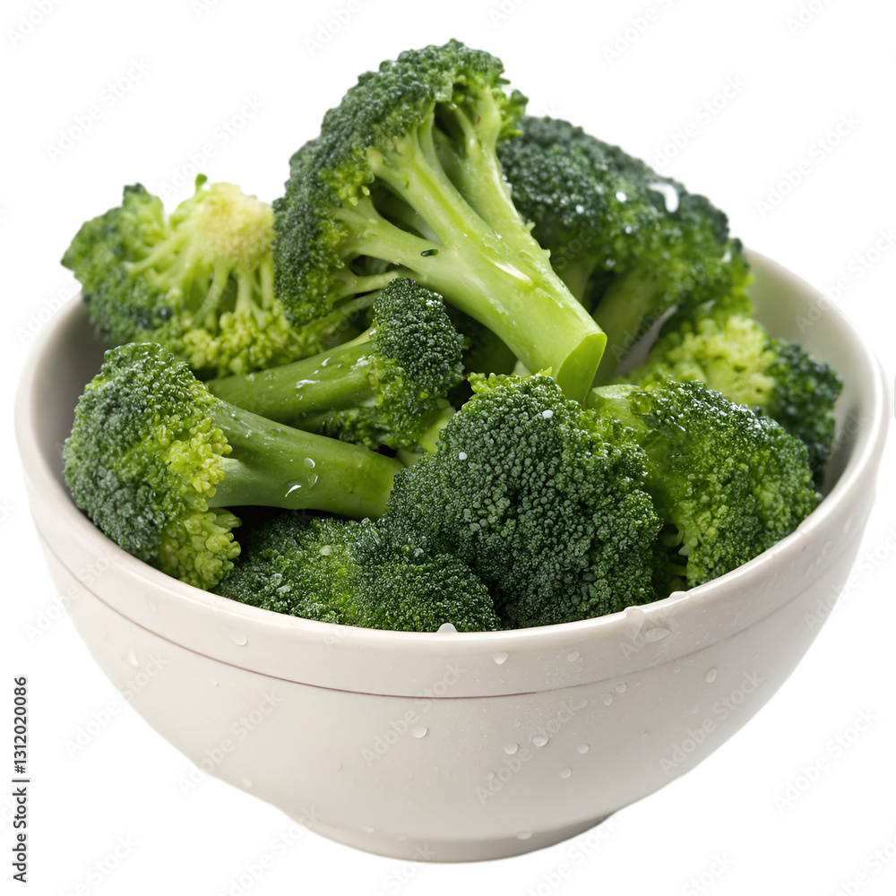 Fresh broccoli florets in bowl isolated on transparent background Fresh broccoli florets in bowl isolated on transparent background