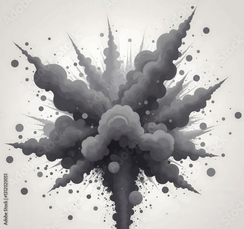 Monochrome explosion of smoke and sharp debris