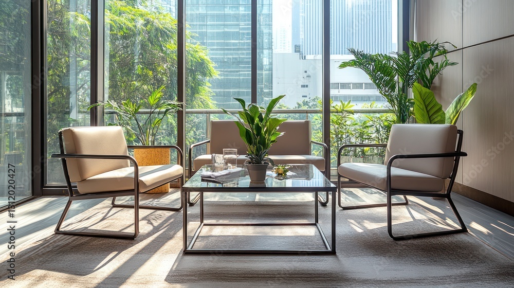 Fototapeta premium Modern waiting area with city view, comfortable seating, and plants