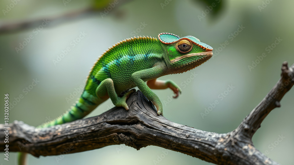 Indian Chameleon perched on a branch of a tree with its body bent in a U shape, looking for insects to eat, chameleon climbing, wildlife photography Indian Chameleon perched on a branch of a tree with its body bent in a U shape, looking for insects to eat, chameleon climbing, wildlife photography