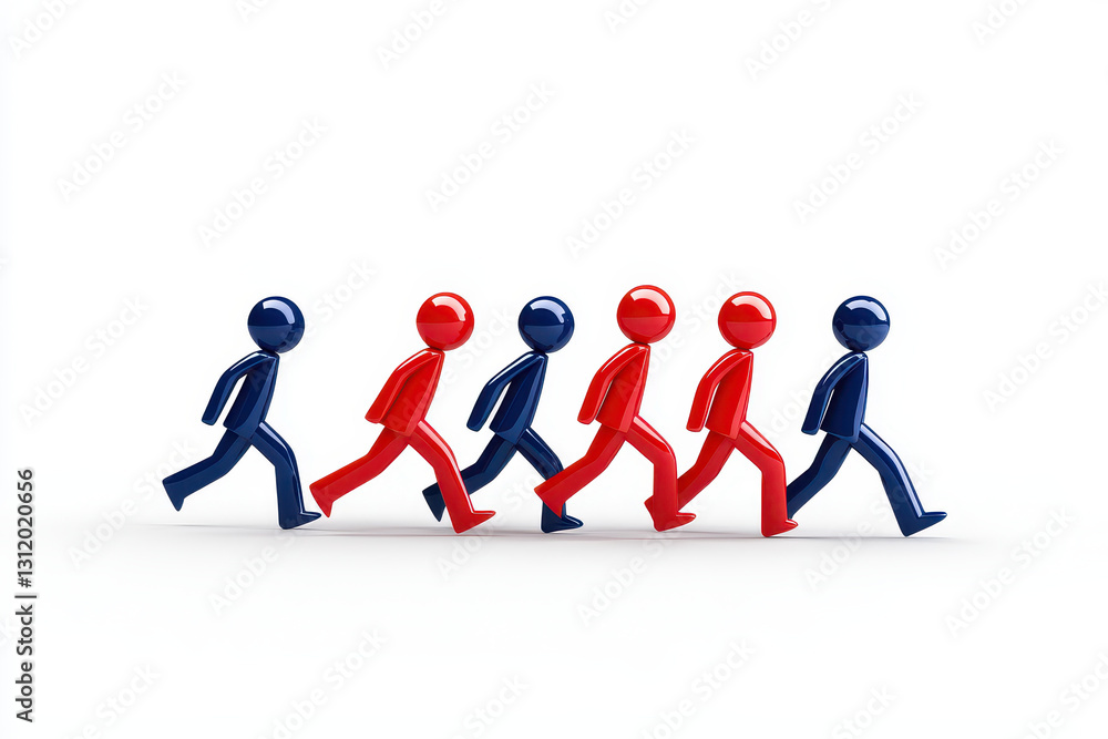 Walking figures in blue and red colors symbolize competition and teamwork. illustration conveys sense of movement and collaboration in business context Walking figures in blue and red colors symbolize competition and teamwork. illustration conveys sense of movement and collaboration in business context