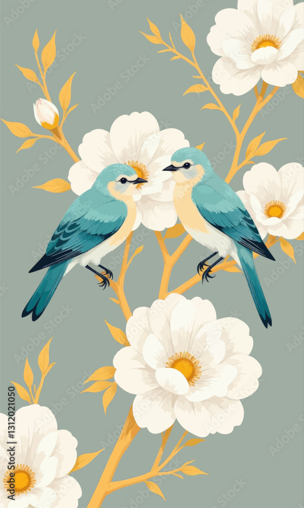 Obraz premium Pastel birds with blossoms and golden branches 