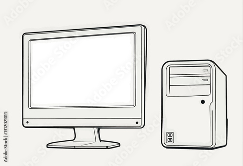 Outlined desktop computer workstation with blank screen