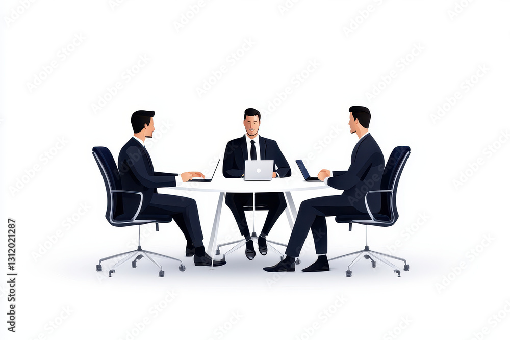 Professional men in suits collaborating at modern conference table, showcasing teamwork and business strategy Professional men in suits collaborating at modern conference table, showcasing teamwork and business strategy