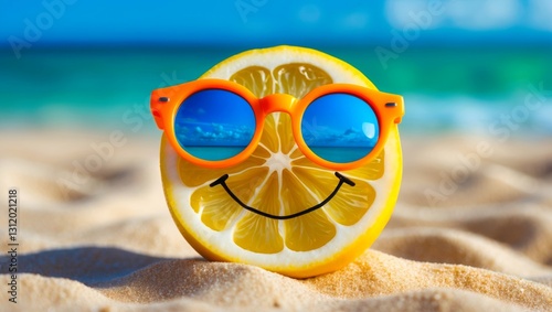A whimsical image features a lemon slice donning bright orange sunglasses with a drawn-on smile, sitting on a sunny beach by a sparkling sea.