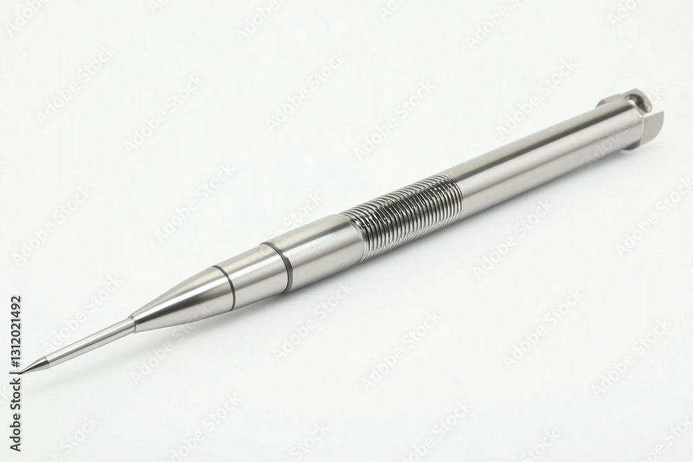 A close-up image of a professional stainless steel surgical or dental tool with a pointed tip and textured body, on a clean white background. A close-up image of a professional stainless steel surgical or dental tool with a pointed tip and textured body, on a clean white background.