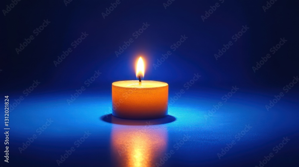 Single Candle Flame on Blue Surface, Still Life, Reflection, Spiritual, Peaceful, Decorative, Lighting, Tranquil Single Candle Flame on Blue Surface, Still Life, Reflection, Spiritual, Peaceful, Decorative, Lighting, Tranquil