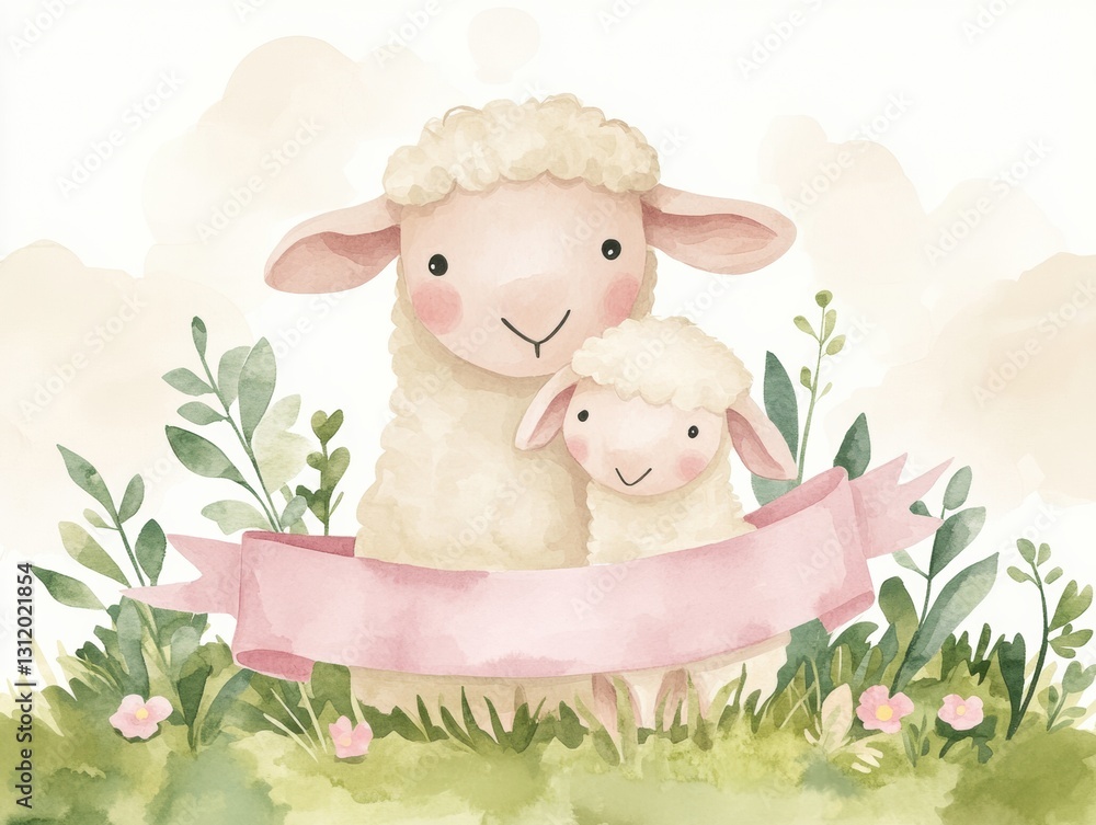 Cute illustration of a mother sheep and her lamb surrounded by flowers and greenery Cute illustration of a mother sheep and her lamb surrounded by flowers and greenery