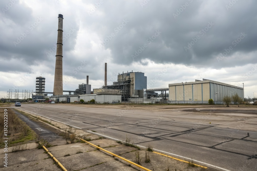 Industrial power plant with a large industrial complex in the background under a grey sky, urban environment, grey sky, industrial complex, industrial buildings Industrial power plant with a large industrial complex in the background under a grey sky, urban environment, grey sky, industrial complex, industrial buildings
