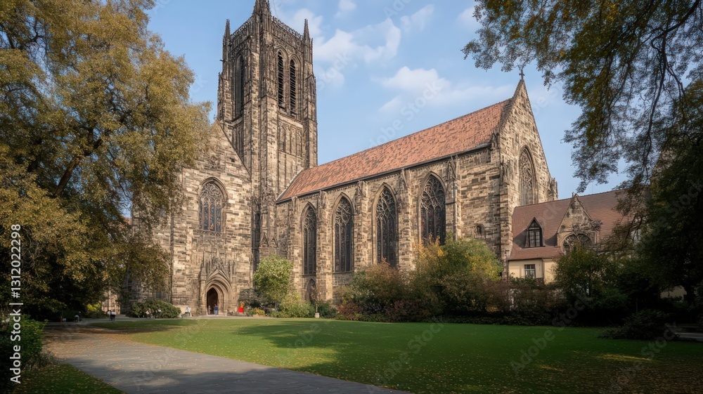 Fototapeta premium Stone Church with Tall Tower and Autumnal Trees