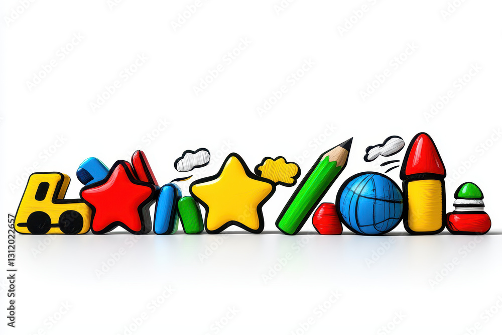 Fototapeta premium Colorful educational toys and objects arranged creatively, including truck, stars, books, pencil, globe, and rocket, evoking playful learning environment