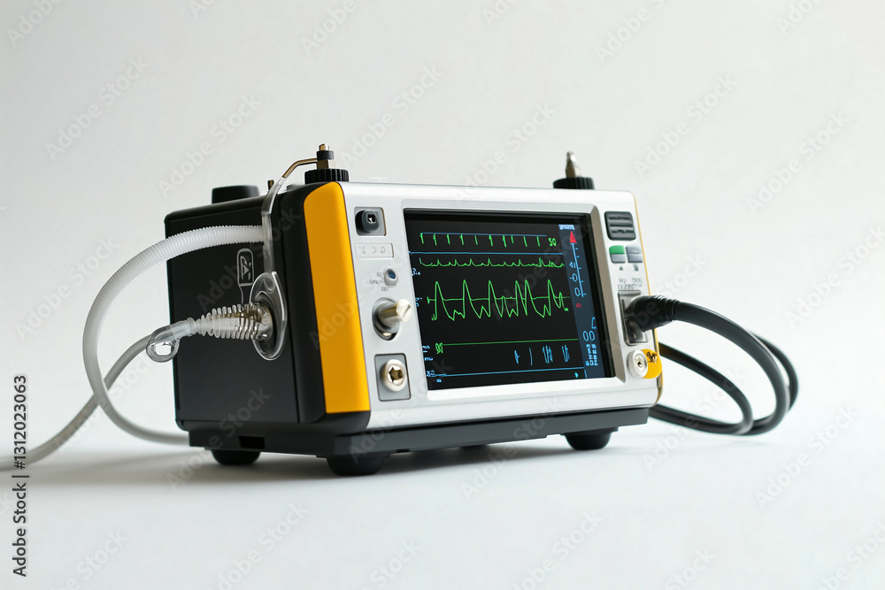 Close-up of a medical device with a screen displaying an ECG, showcasing advanced healthcare technology used in patient monitoring and diagnostics. Close-up of a medical device with a screen displaying an ECG, showcasing advanced healthcare technology used in patient monitoring and diagnostics.