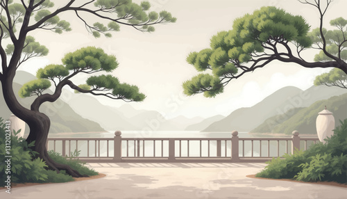 Pixelated Asian garden overlook with lake view