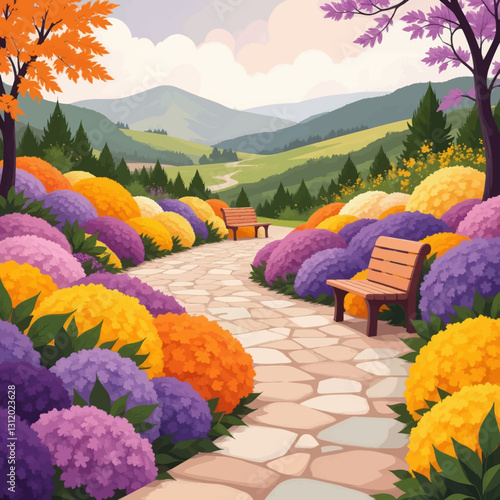 Pixelated garden path with benches and colorful flowers