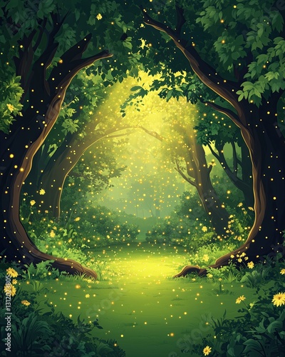 Enchanted forest with glowing light and foliage.