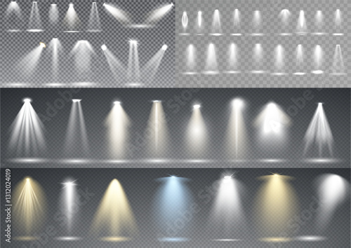 Scene illumination collection, transparent effects. Bright lighting with spotlights.