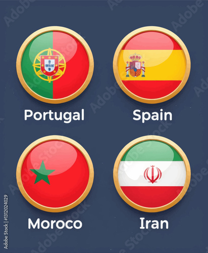 Portugal, Spain, Morocco, and Iran flags in gold circle icons Free Download Portugal, Spain, Morocco, and Iran flags in gold circle icons - GFXLoad