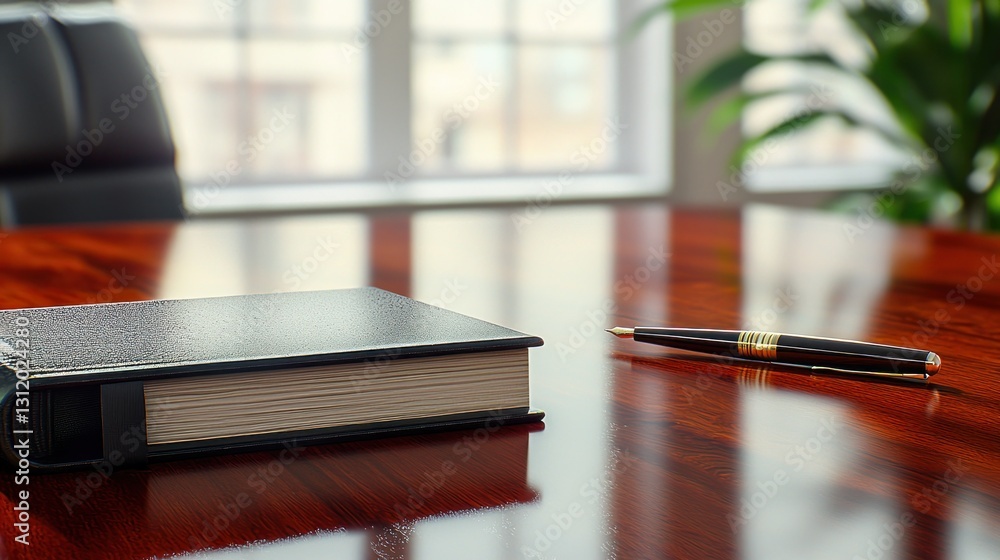 Office meeting table, book and pen, blurred background of window and plants. Possible use business, corporate, productivity Office meeting table, book and pen, blurred background of window and plants. Possible use business, corporate, productivity