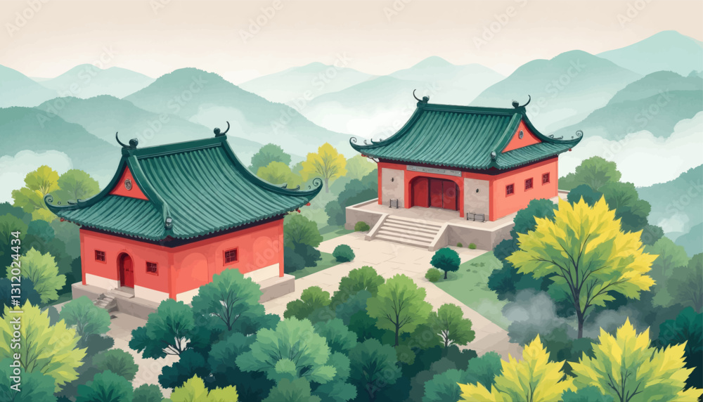 Red Buddhist temples nestled in green misty mountains Red Buddhist temples nestled in green misty mountains
