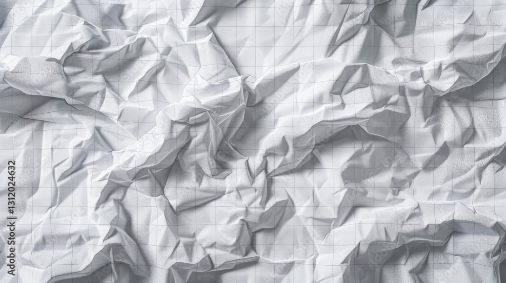 Obraz premium a detailed artistic rendering of crumpled white paper with a faint grid overlay, showcasing the realistic texture and depth of the folds. The lighting should add a dramatic effect