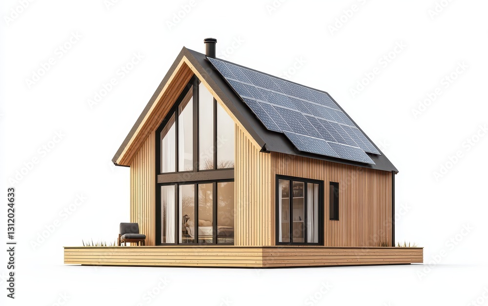 Single Scandinavian-style house with solar panels and large panoramic windows, isolated on a white background Single Scandinavian-style house with solar panels and large panoramic windows, isolated on a white background
