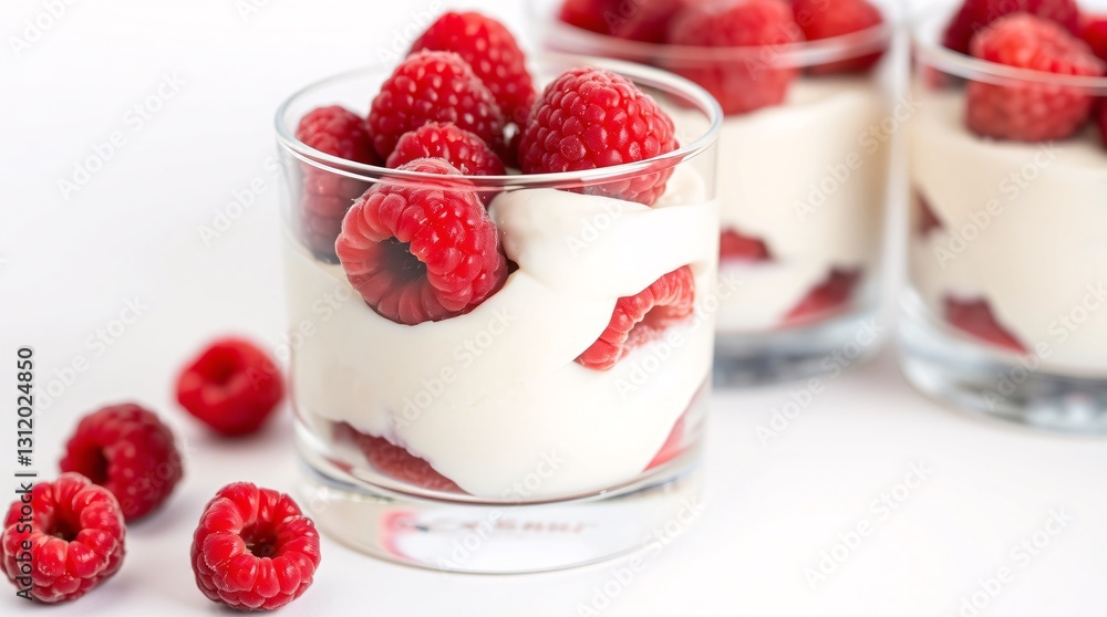 Elegant Raspberry and Cream Dessert in Glass with Fresh Berries and Layered Presentation Elegant Raspberry and Cream Dessert in Glass with Fresh Berries and Layered Presentation