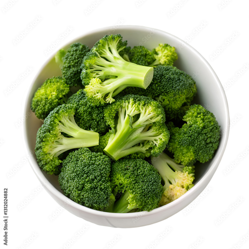 Fresh broccoli florets in bowl isolated on transparent background Fresh broccoli florets in bowl isolated on transparent background