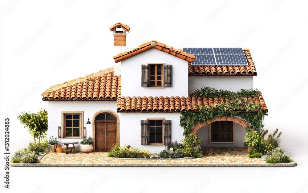 Fototapeta premium Single traditional Mediterranean-style villa with solar panels and a terracotta roof, isolated on a white background