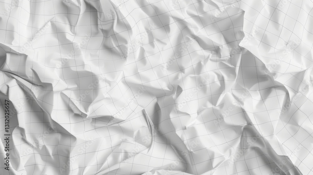 Fototapeta premium a detailed depiction of crumpled white paper with faint grid lines, showcasing the intricate folds and creases. The texture should be realistic