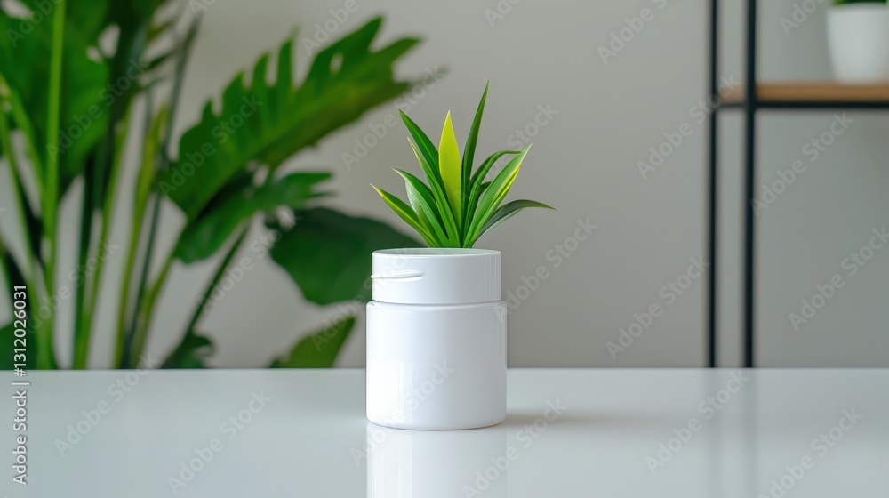 White supplement bottle with plant on a table. White supplement bottle with plant on a table.