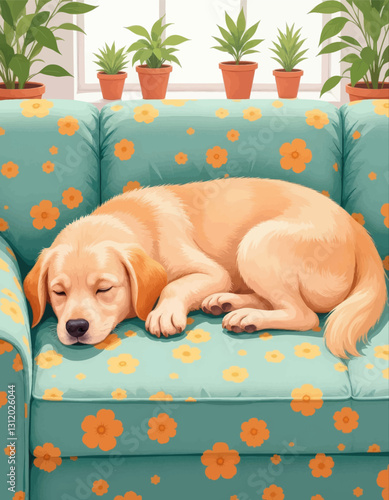 Sleeping golden retriever on retro floral couch