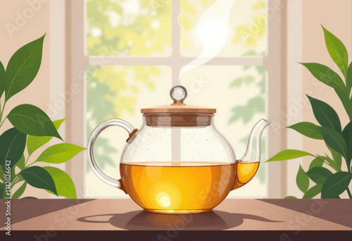 Steaming glass teapot with golden tea near sunny window