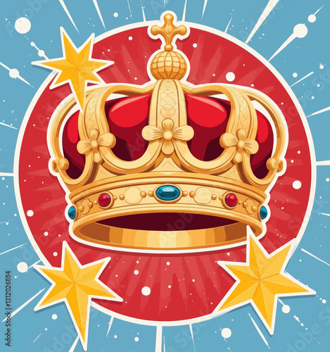 Stylized Golden Crown with Red Cushion and Star Accents