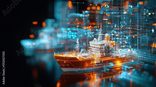 A high-tech shipyard illuminated with augmented reality path indicators.