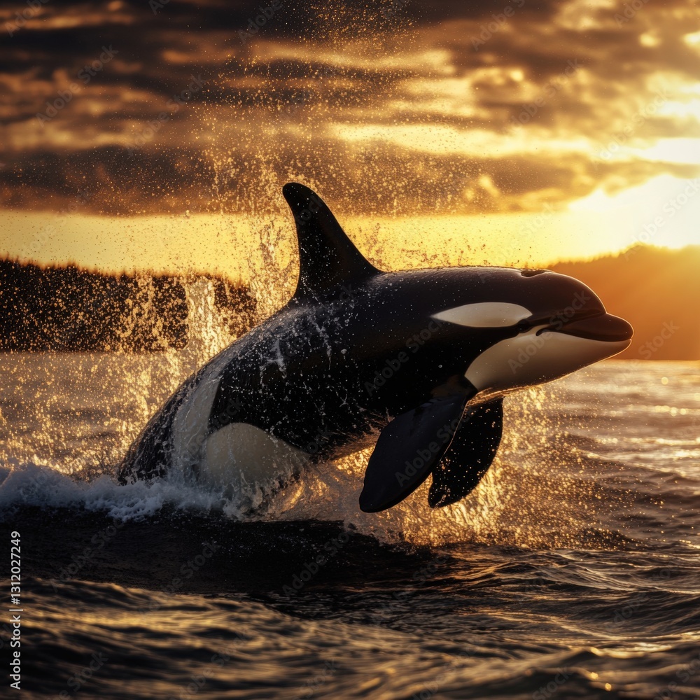 Obraz premium Orca leaping at sunset